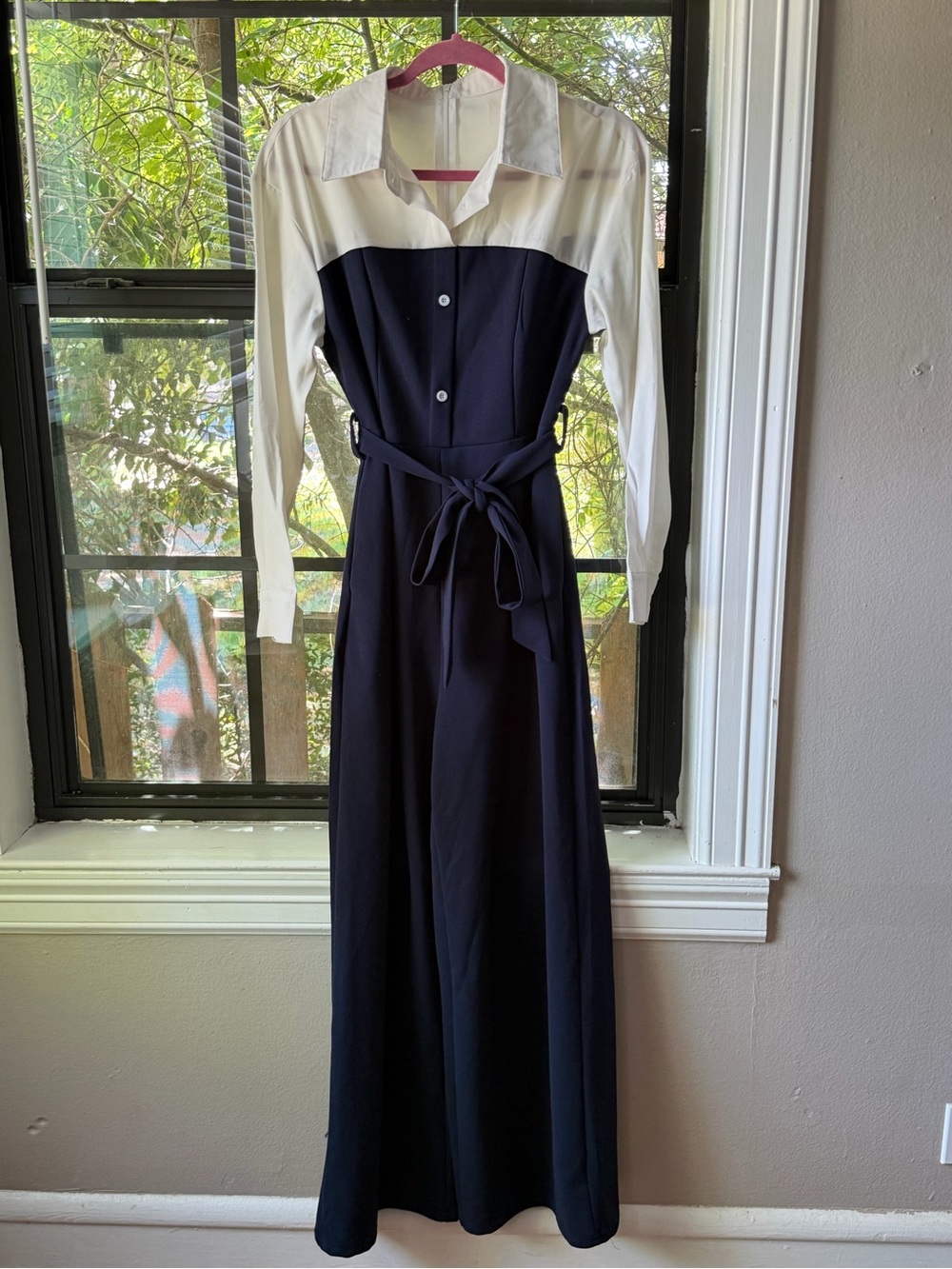 Colorblock Navy and White Long Sleeve Jumpsuit with Tie Waist